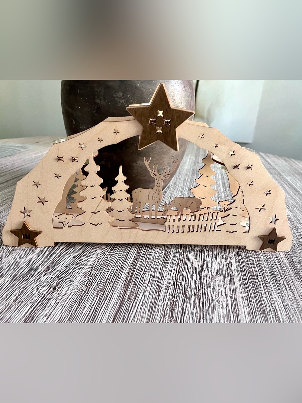 NIB Saico Germany Erzgebirge Wooden Tealight Candle Holder Seiffen Forest Deer
